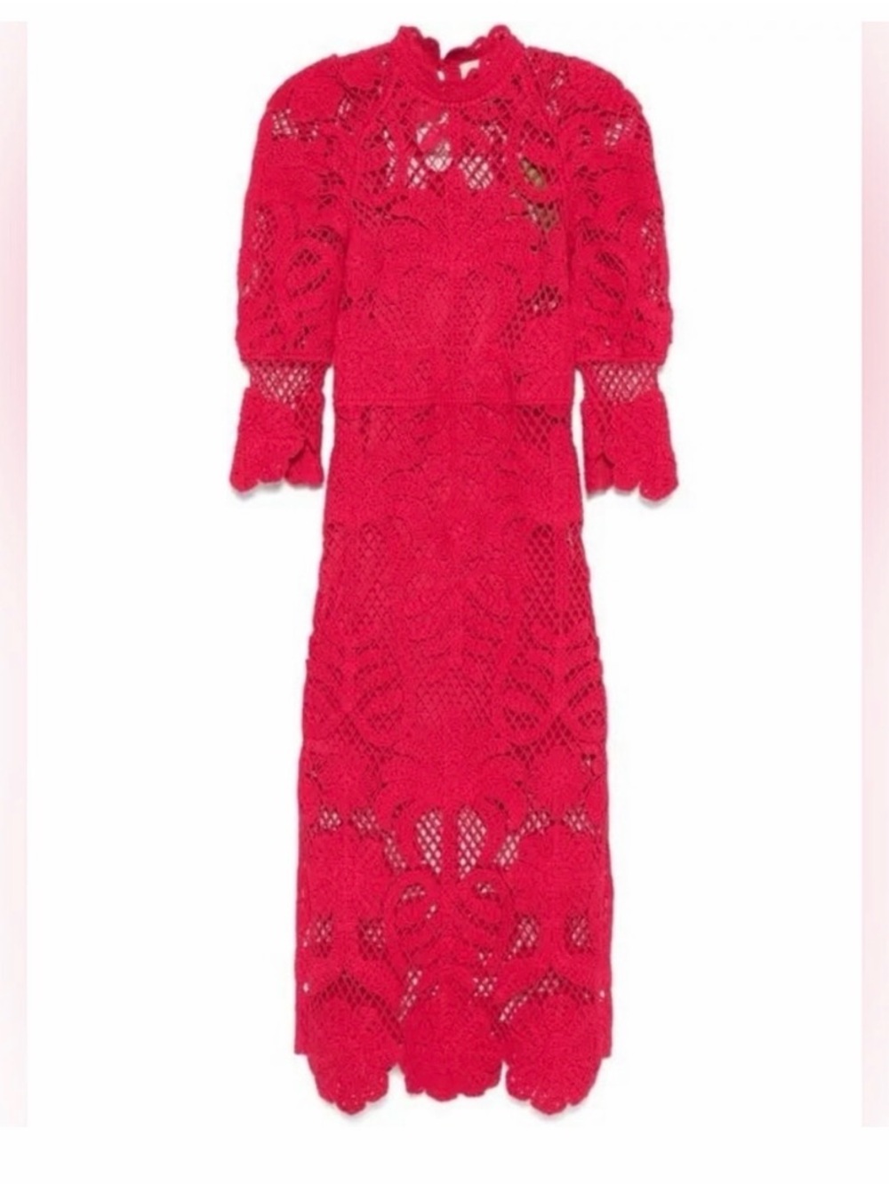 FARM Rio Vibrant Red Crochet Midi Dress with Puff Sleeves